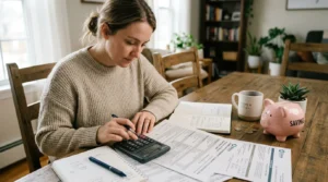 Personne calculant sur documents d’assurance avec calculatrice et tirelire, fiscalité rachat partiel.