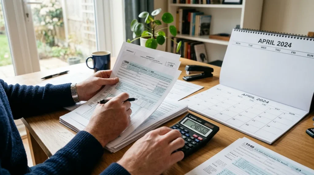 Mains examinant documents fiscaux avec calculatrice et calendrier vierge, mentions CSG.