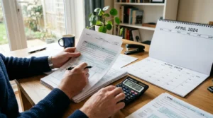 Mains examinant documents fiscaux avec calculatrice et calendrier vierge, mentions CSG.