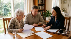 Femme âgée et son fils avec conseiller financier, documents vierges, clause bénéficiaire.