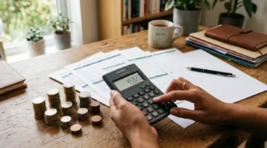 Mains au calculateur près de piles de pièces, papiers financiers vierges, fiscalité abattements.
