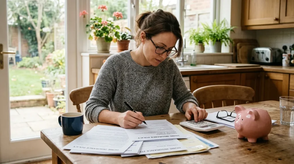 Personne à table de cuisine examinant papiers d’assurance, calculatrice et tirelire, avance.