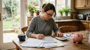 Personne à table de cuisine examinant papiers d’assurance, calculatrice et tirelire, avance.