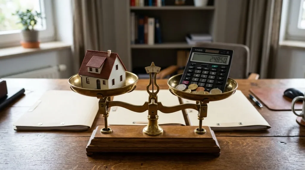 Balance avec maison miniature, calculatrice, pièces en euros et dossiers fiscaux vierges sur bureau