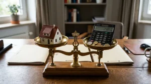 Balance avec maison miniature, calculatrice, pièces en euros et dossiers fiscaux vierges sur bureau