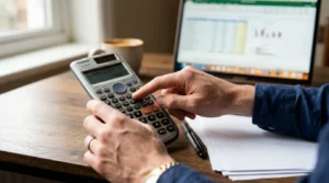 Gros plan de mains calculant sur une calculatrice, papiers vierges, laptop flou, PFU 2026
