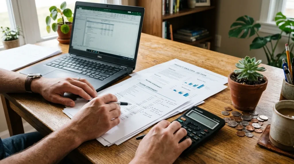 Mains examinant documents financiers, ordinateur portable, calculatrice, pièces et plantule d’épargne sur bureau