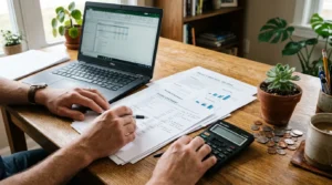 Mains examinant documents financiers, ordinateur portable, calculatrice, pièces et plantule d’épargne sur bureau