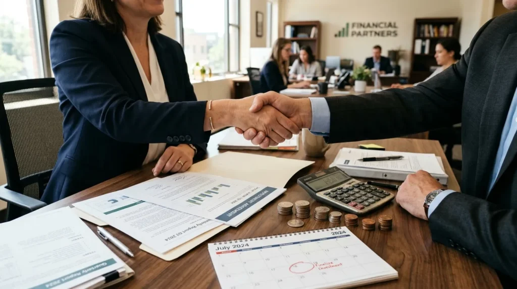 Poignée de main au-dessus de documents d’investissement, calculatrice, pièces et calendrier fiscalité