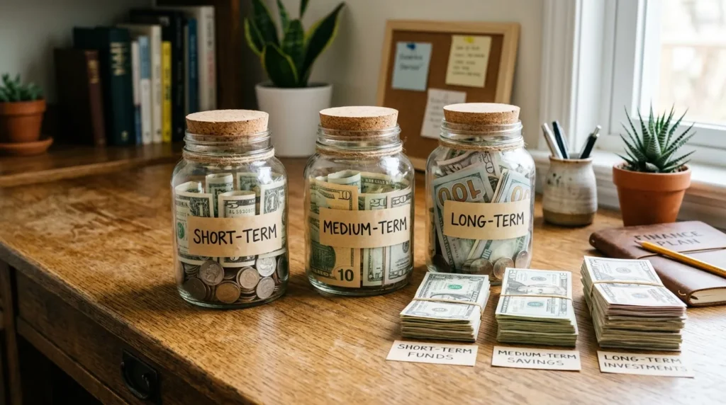 Bureau avec trois bocaux et piles de billets, allocation court, moyen, long terme.