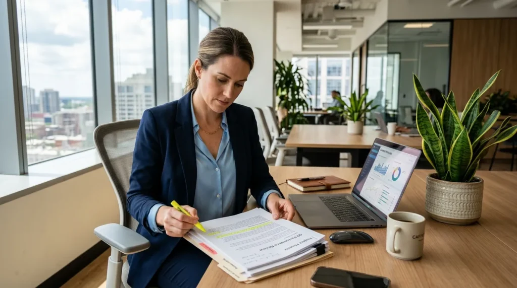 Cadre d’affaires consultant des documents près d’un ordinateur portable dans un bureau lumineux.