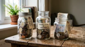 Trois bocaux en verre sur une table, avec pièces, documents et fonds distincts.