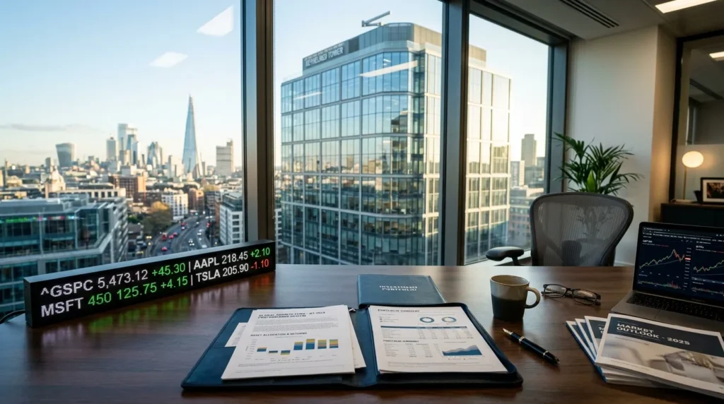 Immeuble de bureaux vitré, cours boursiers affichés, documents d’investissement sur un bureau.