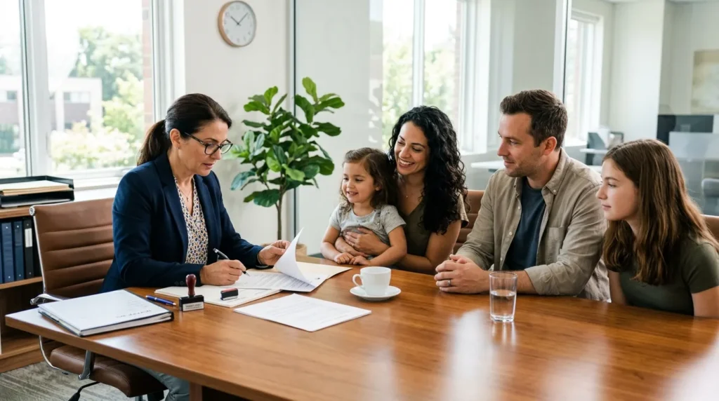 Notaire examinant des papiers avec une famille dans un bureau lumineux, succession.