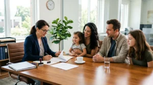Notaire examinant des papiers avec une famille dans un bureau lumineux, succession.