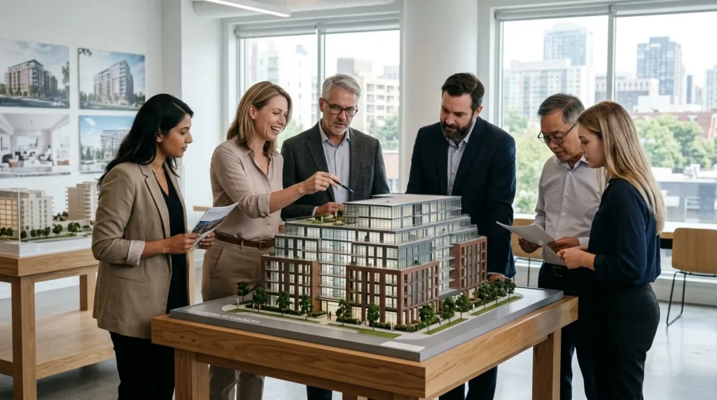 Groupe d’investisseurs examinant une maquette d’immeuble résidentiel moderne, ambiance club deal.