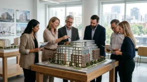 Groupe d’investisseurs examinant une maquette d’immeuble résidentiel moderne, ambiance club deal.