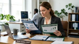 Conseiller financier comparant deux dossiers d’investissement, assis à un bureau, style photo.