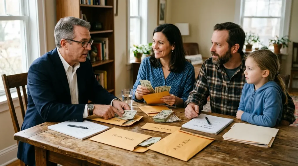 Avocat et famille examinant des enveloppes de cash autour d’une table en bois.