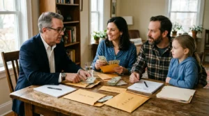 Avocat et famille examinant des enveloppes de cash autour d’une table en bois.
