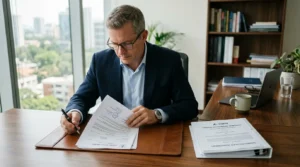 Homme d'affaires examinant des documents de prêt près d'un contrat de capitalisation sur un bureau.