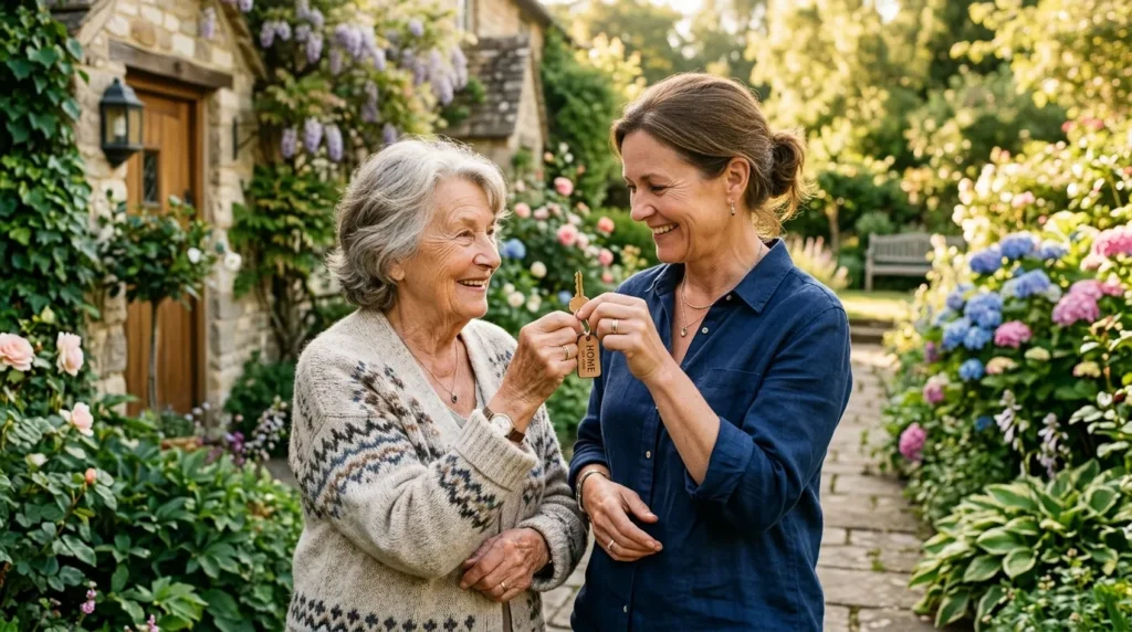 Personne âgée et enfant adulte tiennent ensemble une clé, symbolisant l’usufruit au jardin.