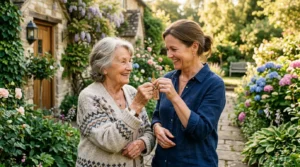 Personne âgée et enfant adulte tiennent ensemble une clé, symbolisant l’usufruit au jardin.