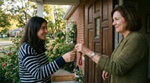 Deux générations se passent une clé de maison, lumière naturelle chaleureuse, style documentaire.
