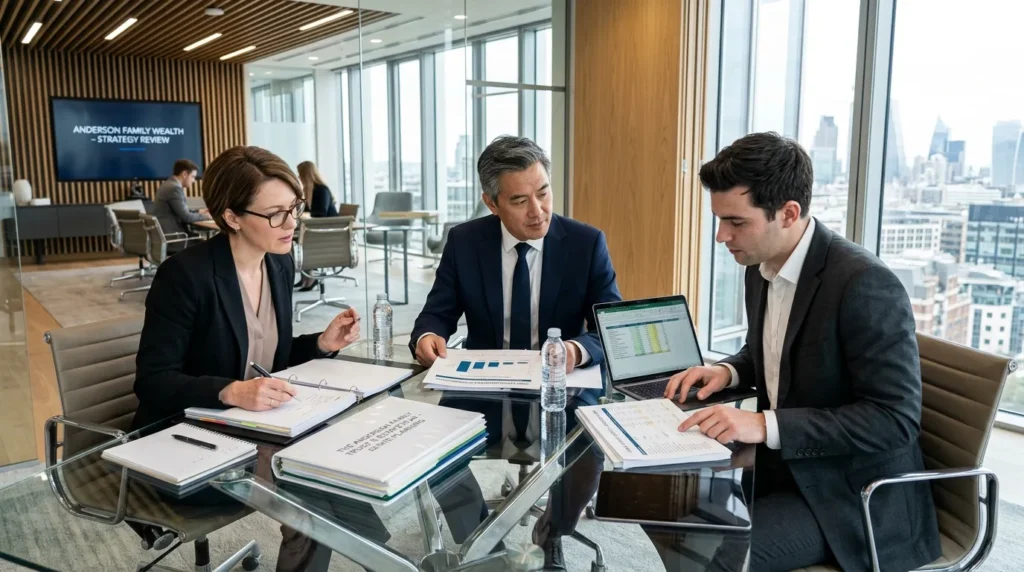 Trois conseillers examinent des documents patrimoniaux autour d’une table dans un bureau moderne.