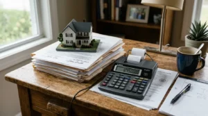 Maison, calculatrice et documents juridiques sur un bureau en bois, évoquant l’IFI.