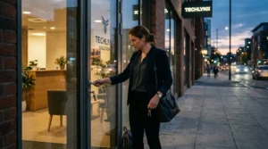 Femme d’affaires fermant la porte d’un bureau d’entreprise au crépuscule, style photo.