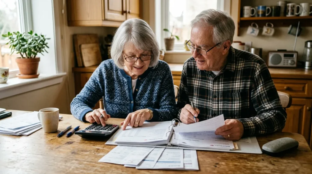 Couple âgé examinant des papiers financiers et une calculatrice à table.