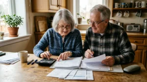 Couple âgé examinant des papiers financiers et une calculatrice à table.