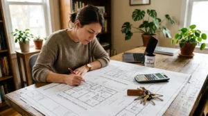 Personne examinant des plans d’immeuble avec calculatrice et clés de maison, immobilier.