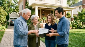 Famille discutant d’un acte de maison, près d’une maison ensoleillée, notion d’usufruit.