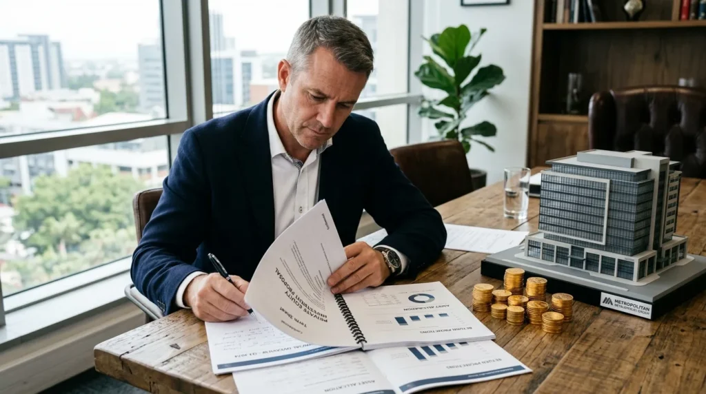 Homme d’affaires examinant des documents d’investissement privé, près de pièces d’or et maquette.