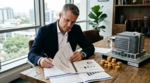 Homme d’affaires examinant des documents d’investissement privé, près de pièces d’or et maquette.