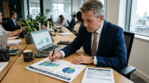 Un homme d'affaires examine des graphiques de dividendes près d'une fiche de paie.