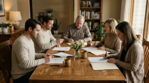 Parents et trois héritiers adultes signent calmement des papiers autour d’une table.