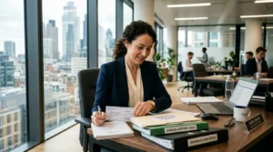 Femme d’affaires examinant des chèques de dividendes et des dossiers en bureau moderne.