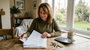 Propriétaire consultant des documents immobiliers avec calculatrice et clés de maison.