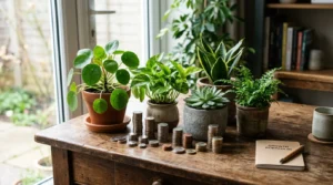 Portefeuille équilibré de plantes vertes et pièces sur un bureau, lumière naturelle.