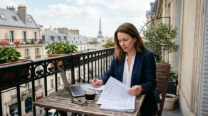 Investisseur non-résident consultant des relevés bancaires français dans un appartement parisien.