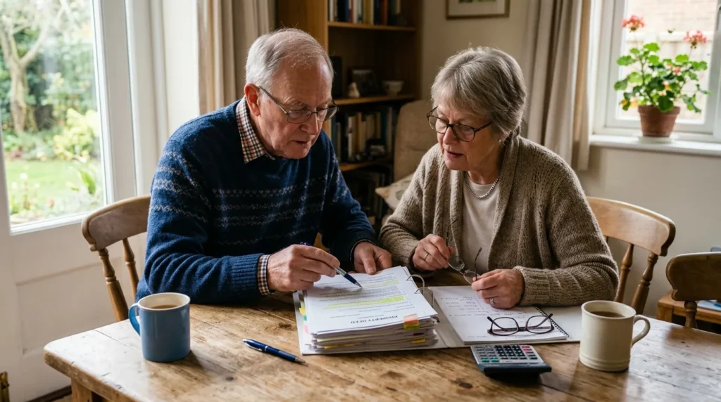 Couple âgé examinant des documents immobiliers à une table en bois, lumière naturelle.