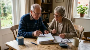 Couple âgé examinant des documents immobiliers à une table en bois, lumière naturelle.