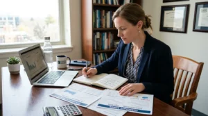 Conseiller financier comparant des obligations d’État et d’entreprise sur un bureau.