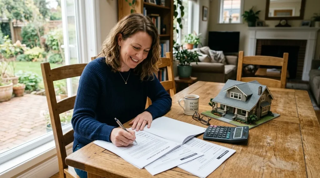 Propriétaire examinant des documents de prêt près d’une maquette de maison et d’une calculatrice.