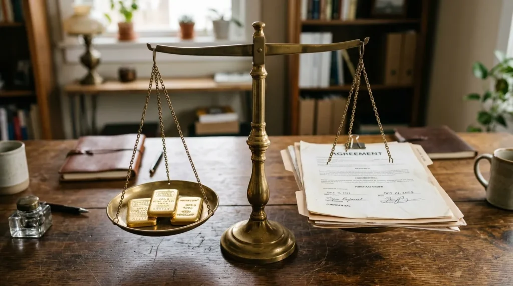 Lingots d’or et documents papier sur une balance de bureau équilibrée.
