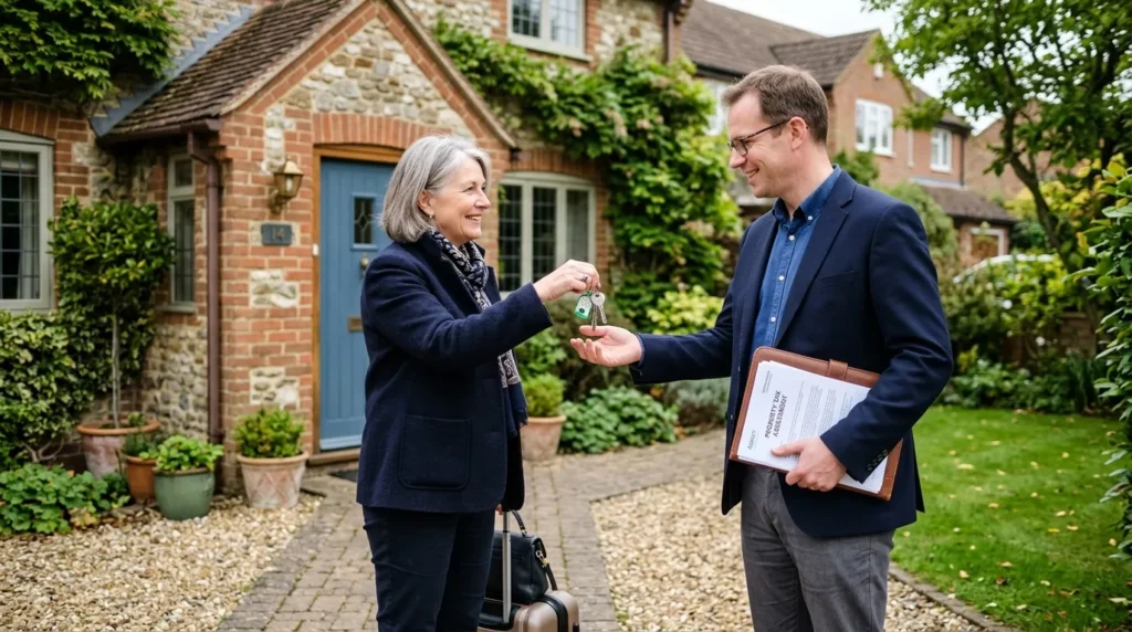 Propriétaire non-résident remettant des clés de maison à un agent fiscal.