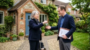 Propriétaire non-résident remettant des clés de maison à un agent fiscal.